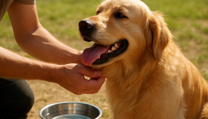 Owner pinching golden retriever's neck skin to assess hydration near water bowl