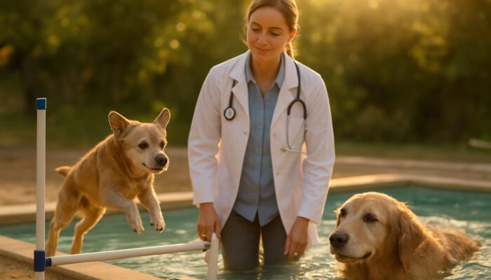 Veterinarian supervises a senior small dog on low agility hurdles and a large dog swimming in a therapy pool