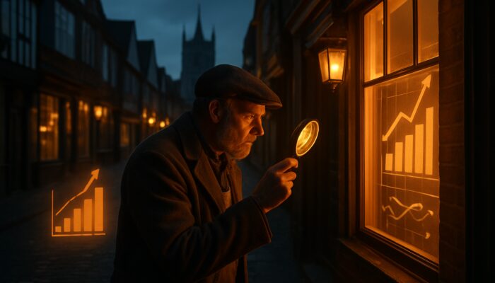 Shopkeeper analyses competitors with magnifying glass on historic Wimborne Minster street at dusk