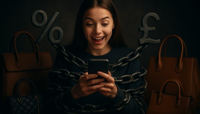 Young UK consumer using BNPL on phone, surrounded by luxury bags as debt chains tighten.