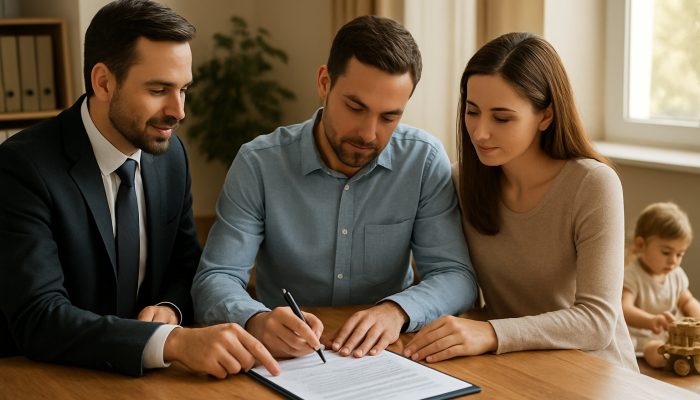 Family lawyer guiding co-parents in signing a financial agreement while their child plays in a sunlit office