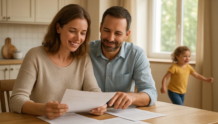 Co-parents evaluating finances at a sunlit kitchen table while a child plays nearby in a stable home