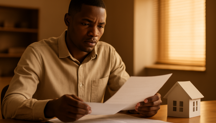 Dedicated South African applicant examining payslips and contracts for home loan at the bank.
