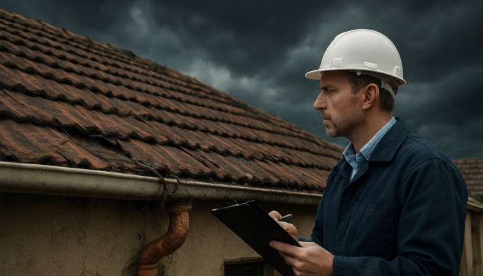 Professional inspector examining a cracked roof and exposed wires on an older South African home in Springs under a stormy sky.