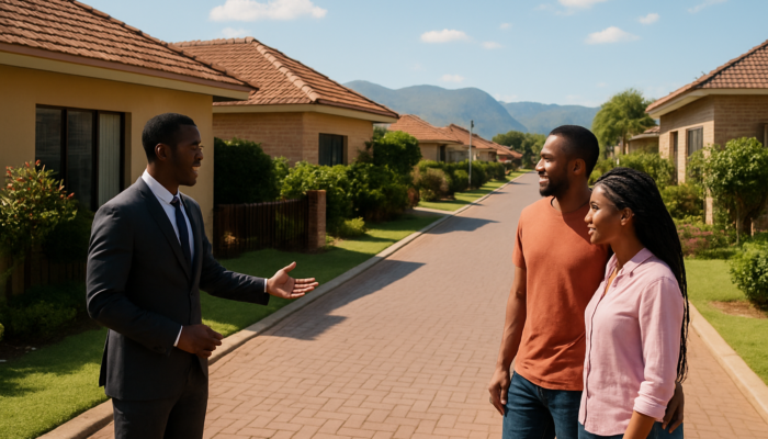 Couple viewing modern homes on busy Thohoyandou street with real estate agent under sunny sky.