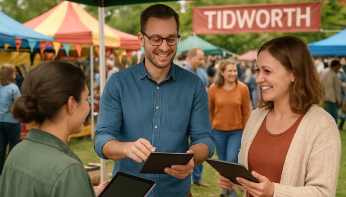 Small business owner engaging with local customers using tablets at a vibrant community fair in Tidworth