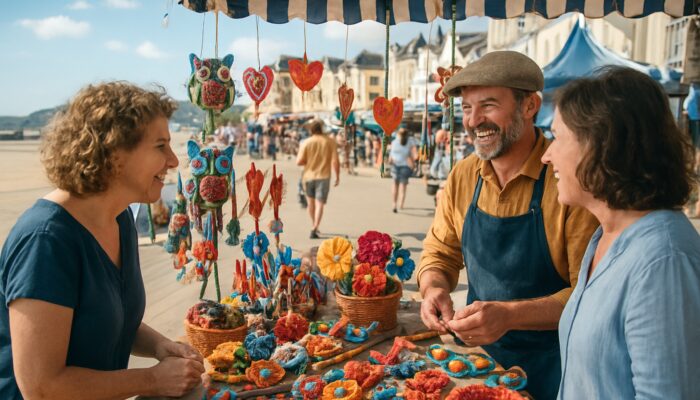 Vibrant market stall in Weston-super-Mare with artisan selling handmade crafts on a sunny day