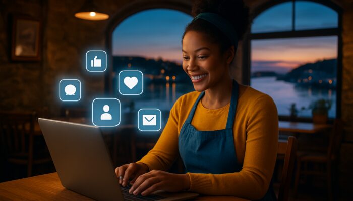 A small business owner managing social media on a laptop in a Kingsbridge coastal café overlooking the glowing Devon estuary at dusk.