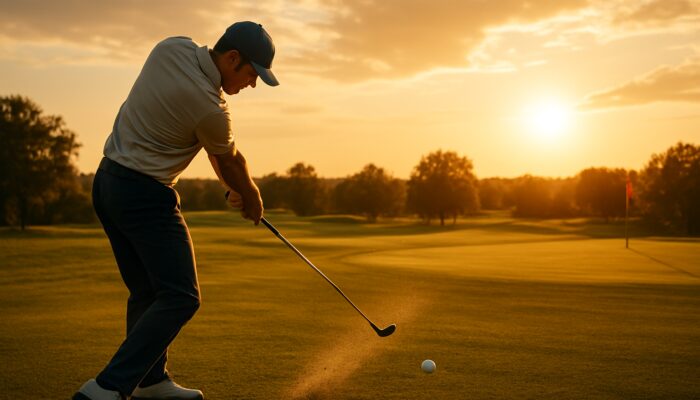 Golfer striking low-trajectory stinger shot with long iron at sunset on fairway