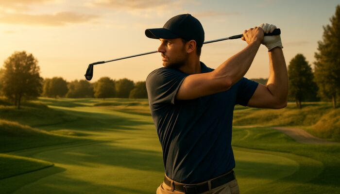Golfer mid-swing with custom-fitted clubs on lush course at golden hour for personalized performance.