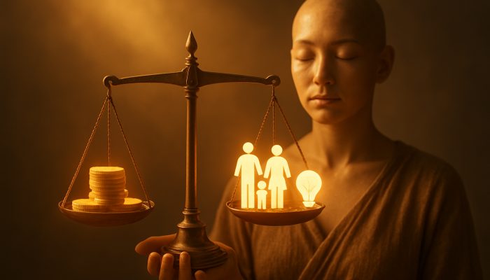 Aligning Money Choices With Your Key Values: Practical Advice | DCL A serene figure balances glowing coins against family, nature, and creativity icons on a golden scale.