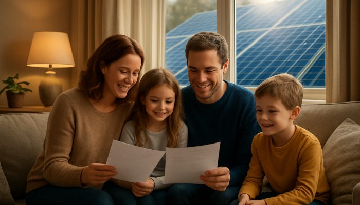 Aligning Money Choices With Your Key Values: Practical Advice | DCL A British family reviews renewable energy fund documents in a cosy living room with solar panels glowing outside.