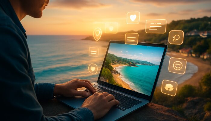 Digital marketer optimising Torbay tourism website meta tags on laptop amid scenic beaches and icons