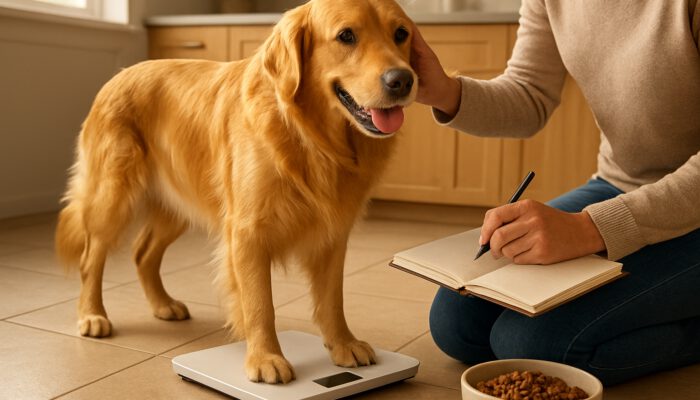 Owner weighing active golden retriever on scale while checking its coat in a sunlit kitchen