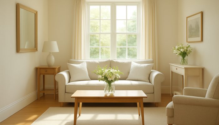 Bright and tidy Martock cottage interior featuring gleaming floors, fresh flowers, and crisp linens after professional cleaning.