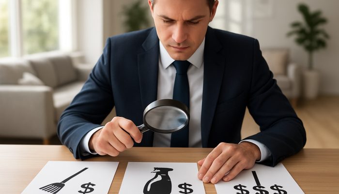 Businessperson using a magnifying glass to identify hidden fees in cleaning quotes, modern sparkling home backdrop.
