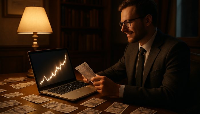 Reviewing Progress After Each Windfall: Essential UK Advice | DCL British professional analysing glowing financial charts on a laptop in a cosy London study following a windfall with pound notes.