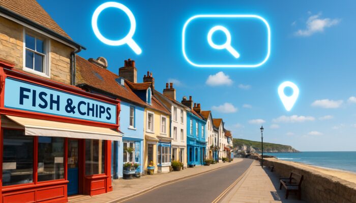 Vibrant Swanage promenade with fish and chip shops and relevant location keywords