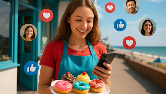 Social Media Management Services in Bournemouth: a café owner showcasing colourful pastries on Instagram and Facebook with likes floating in a sunny seaside backdrop.