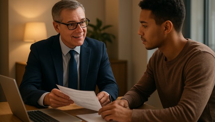 Financial advisor in the UK assisting a gig worker with debt consolidation documents in a modern office