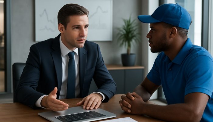 UK financial advisor analysing gig earnings charts with a delivery driver in a modern office for debt consolidation guidance