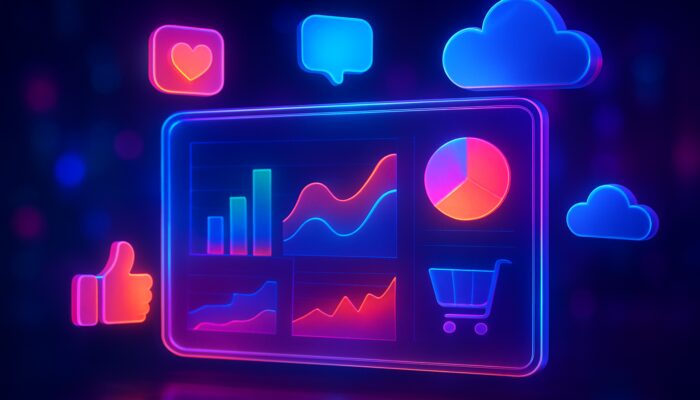 Holographic dashboard with colourful social commerce metrics graphs, engagement data, and cloud hosting icons in neon tech space.