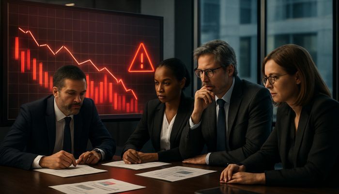 Corporate executives analysing glowing financial charts with red insolvency warnings in a modern boardroom