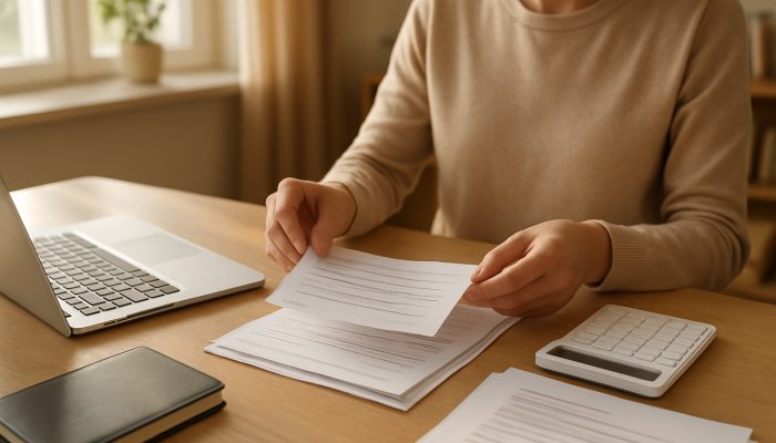 Consulting with Credit Unions About Your Financial Position | DCL Individual organising payslips and financial documents on a sunlit home office desk with a laptop for credit union preparation.