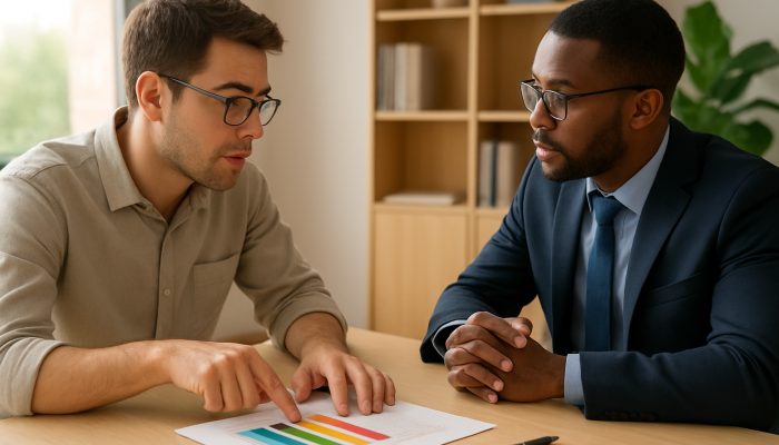 Consulting with Credit Unions About Your Financial Position | DCL Borrower points to colourful debt interest rate chart while negotiating repayment with advisor in a sunlit office.