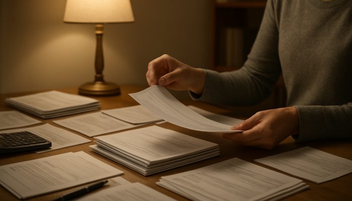 Avoiding Fresh Debt While Merging Balances: Key Tips | DCL Individual sorting payslips and bank statements on a cluttered desk under lamplight in a home office.