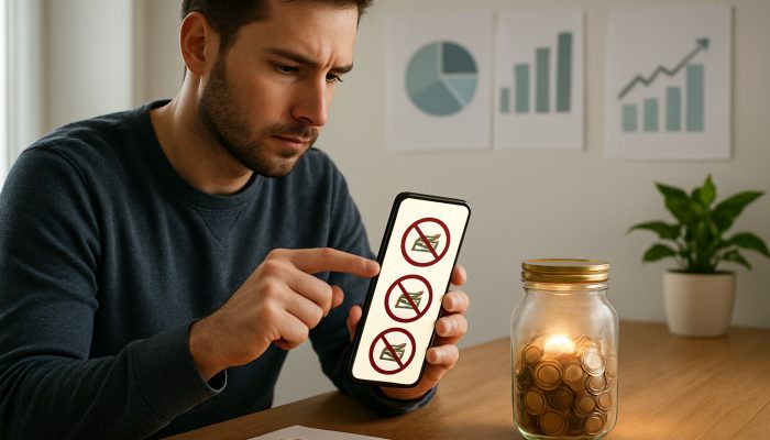 Focused individual configuring a mobile application to block retail sites near a glowing savings jar and debt charts