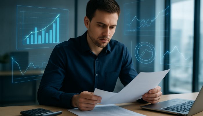 Working out Breakeven Points on New Credit: Practical Tips | DCL UK borrower analyses credit docs with holographic breakeven charts in modern office